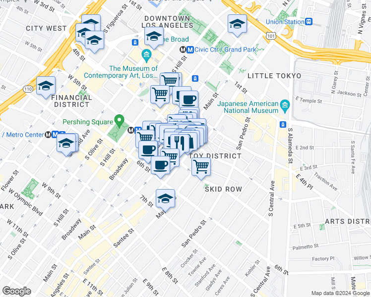 map of restaurants, bars, coffee shops, grocery stores, and more near 419A South Los Angeles Street in Los Angeles