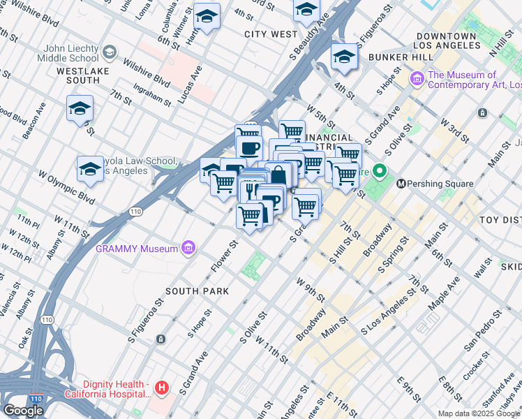 map of restaurants, bars, coffee shops, grocery stores, and more near 800 Flower Street in Los Angeles