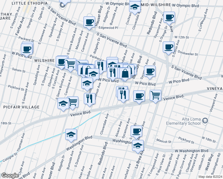 map of restaurants, bars, coffee shops, grocery stores, and more near 1442 South Cochran Avenue in Los Angeles