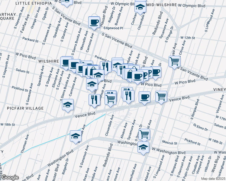 map of restaurants, bars, coffee shops, grocery stores, and more near 1442 South Cochran Avenue in Los Angeles