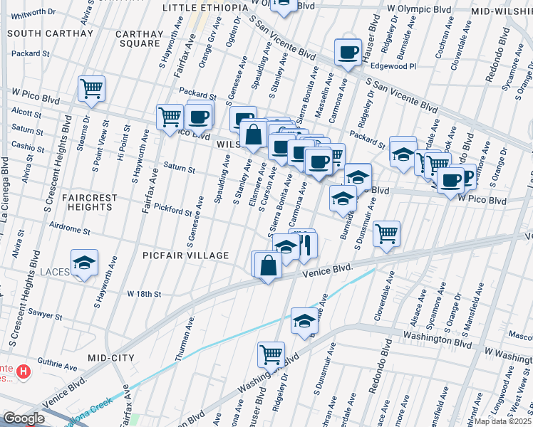 map of restaurants, bars, coffee shops, grocery stores, and more near 1536 South Curson Avenue in Los Angeles