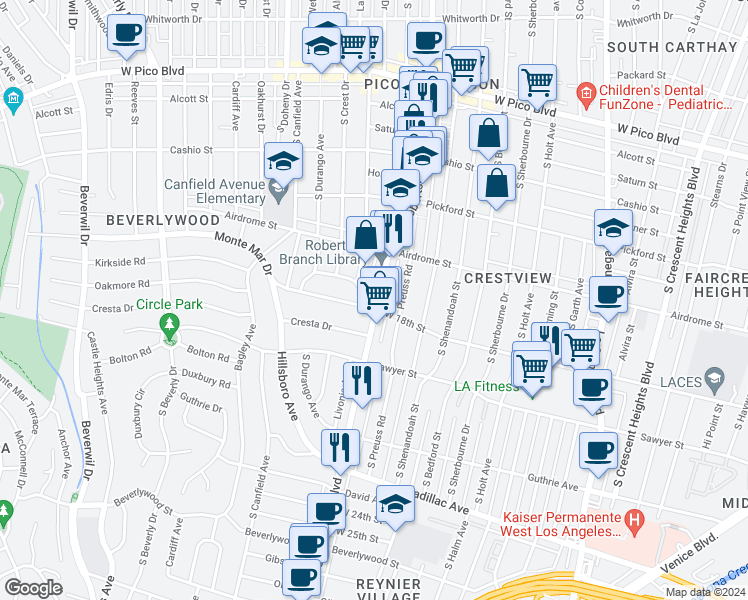 map of restaurants, bars, coffee shops, grocery stores, and more near 1792 South Robertson Boulevard in Los Angeles