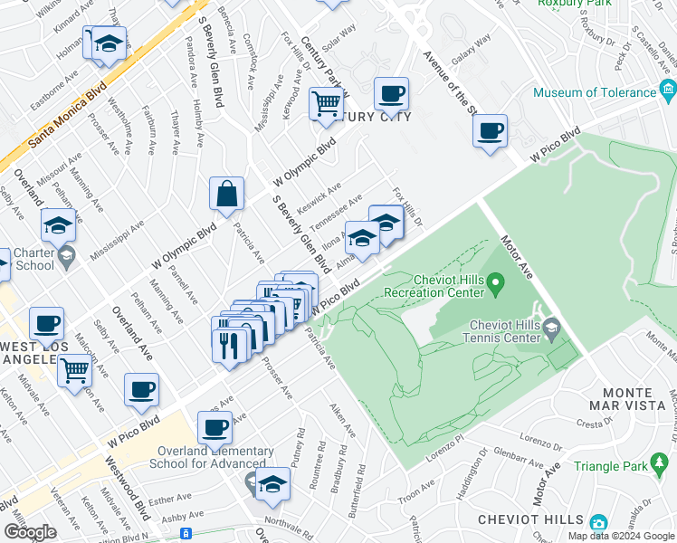 map of restaurants, bars, coffee shops, grocery stores, and more near in Los Angeles