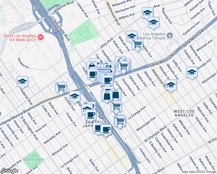 map of restaurants, bars, coffee shops, grocery stores, and more near 1727 South Bentley Avenue in Los Angeles