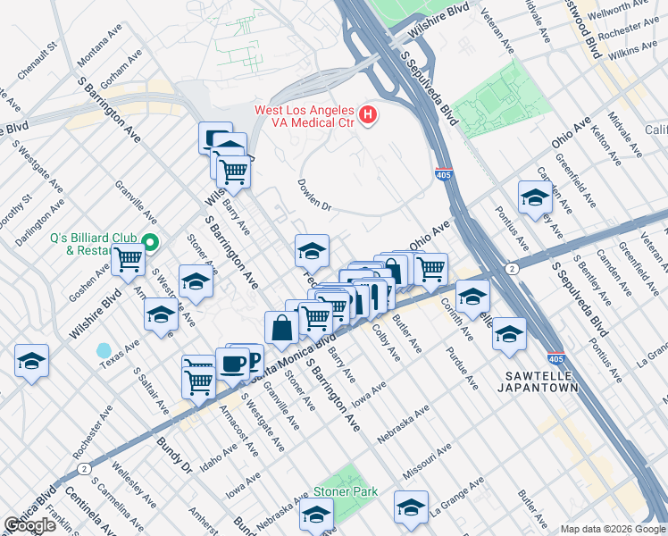 map of restaurants, bars, coffee shops, grocery stores, and more near 1415 Colby Avenue in Los Angeles