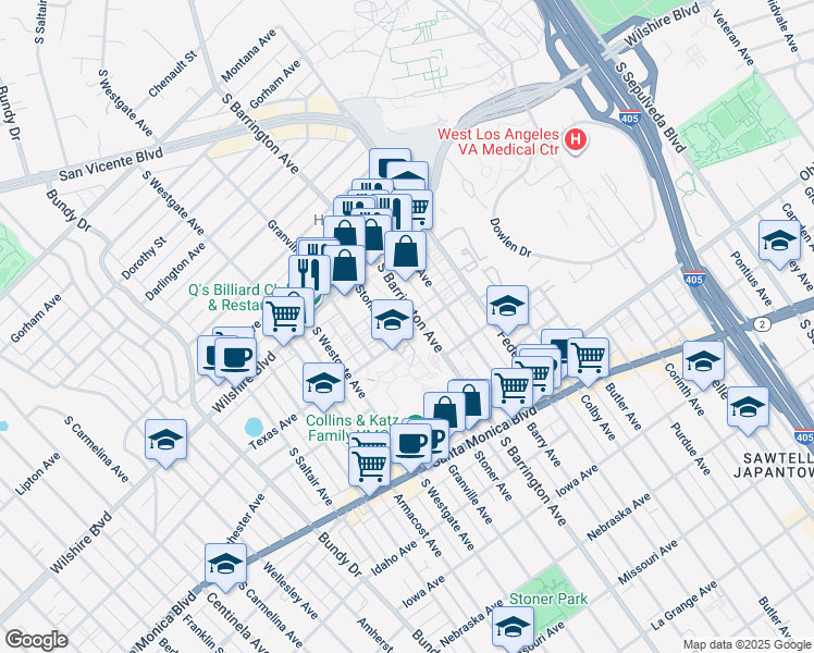 map of restaurants, bars, coffee shops, grocery stores, and more near 11701 Texas Avenue in Los Angeles