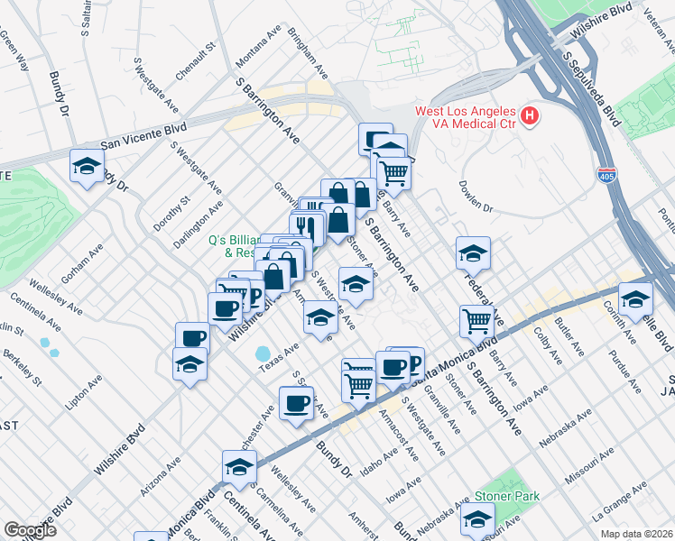 map of restaurants, bars, coffee shops, grocery stores, and more near 1222 South Westgate Avenue in Los Angeles