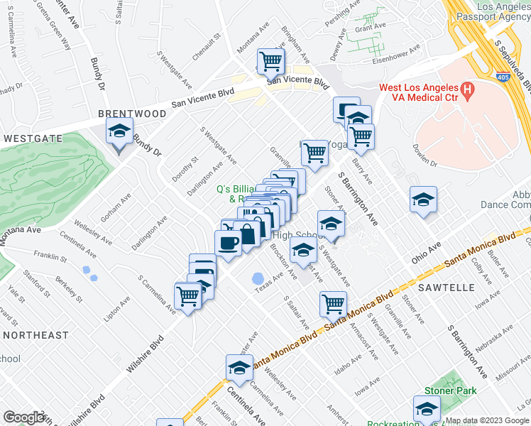 map of restaurants, bars, coffee shops, grocery stores, and more near 11932 Goshen Avenue in Los Angeles