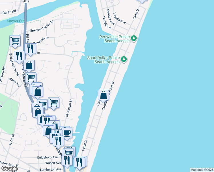 map of restaurants, bars, coffee shops, grocery stores, and more near 1010 Canal Drive in Carolina Beach