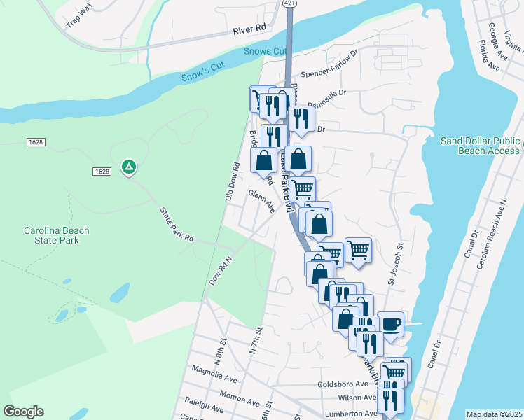 map of restaurants, bars, coffee shops, grocery stores, and more near 810 Glenn Avenue in Carolina Beach