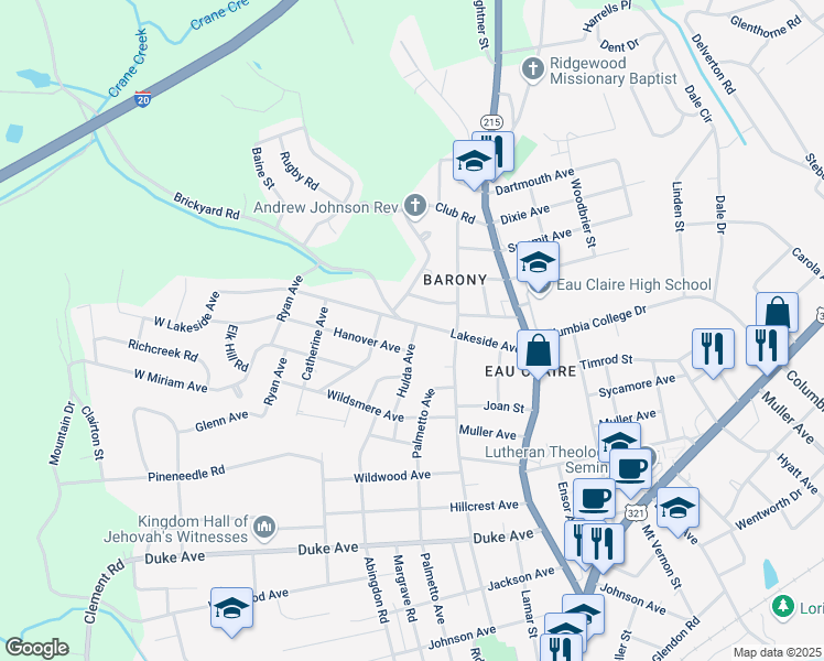 map of restaurants, bars, coffee shops, grocery stores, and more near 314 Hanover Avenue in Columbia