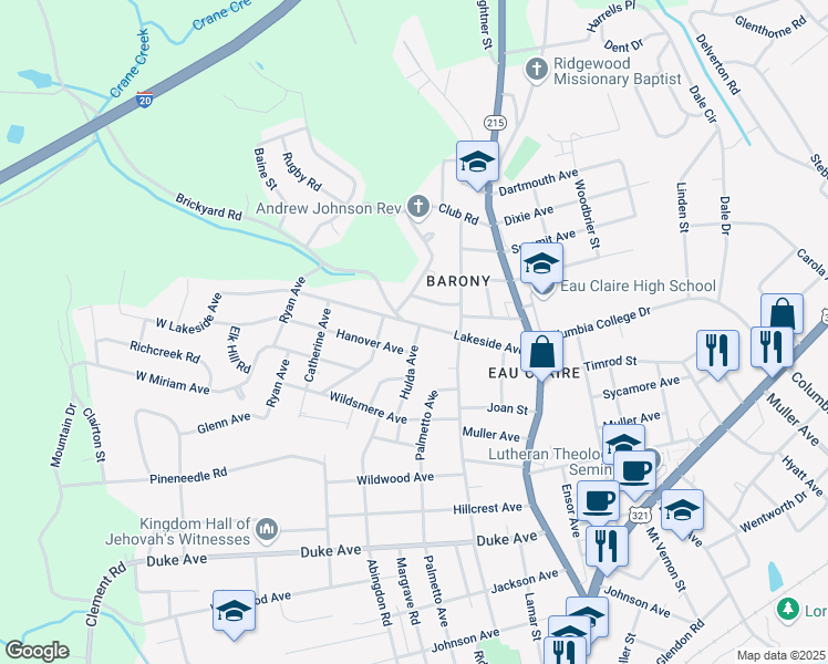 map of restaurants, bars, coffee shops, grocery stores, and more near 314 Hanover Avenue in Columbia