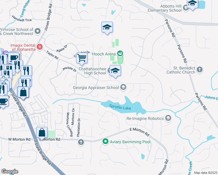 map of restaurants, bars, coffee shops, grocery stores, and more near 5145 Firelight Lane in Alpharetta