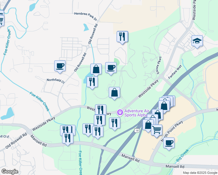 map of restaurants, bars, coffee shops, grocery stores, and more near 1125 Sanctuary Parkway in Alpharetta