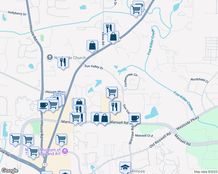 map of restaurants, bars, coffee shops, grocery stores, and more near 220 Finchley Drive in Roswell