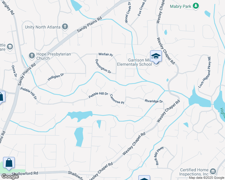 map of restaurants, bars, coffee shops, grocery stores, and more near 3627 Pebble Hill Drive Northeast in Marietta