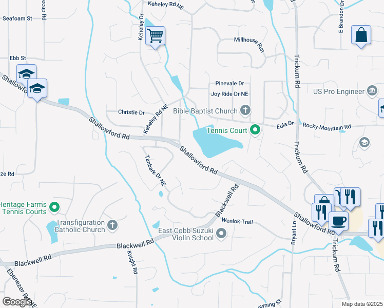map of restaurants, bars, coffee shops, grocery stores, and more near 2021 Shallowford Road in Marietta