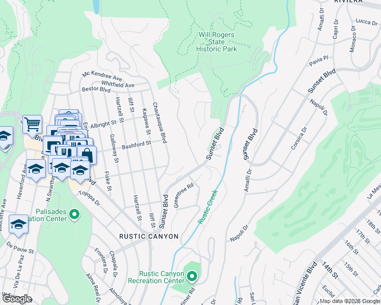 map of restaurants, bars, coffee shops, grocery stores, and more near 921 Rivas Canyon Road in Los Angeles