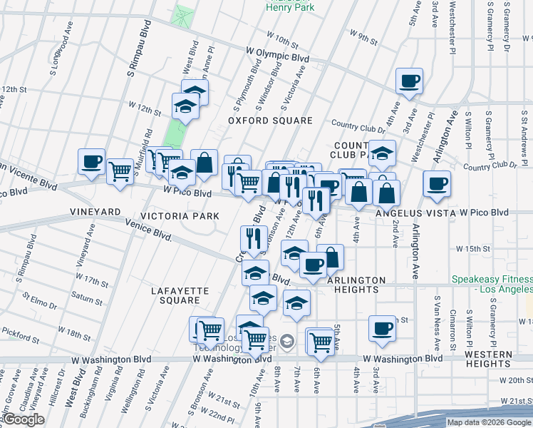 map of restaurants, bars, coffee shops, grocery stores, and more near 1320 Crenshaw Boulevard in Los Angeles