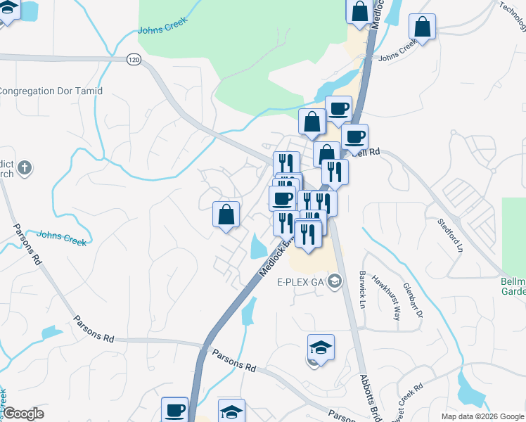 map of restaurants, bars, coffee shops, grocery stores, and more near 6061 Farrell Way in Duluth