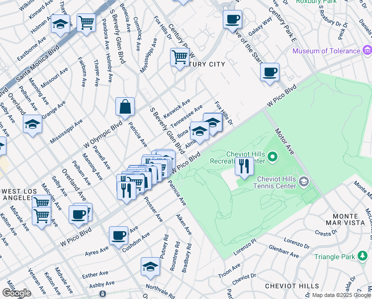 map of restaurants, bars, coffee shops, grocery stores, and more near 2360 South Beverly Glen Boulevard in Los Angeles