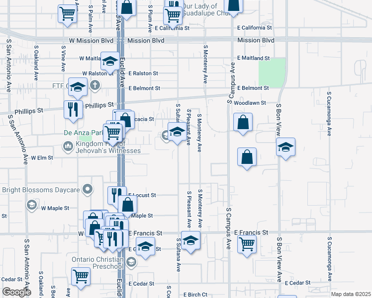 map of restaurants, bars, coffee shops, grocery stores, and more near 1446 South Pleasant Avenue in Ontario