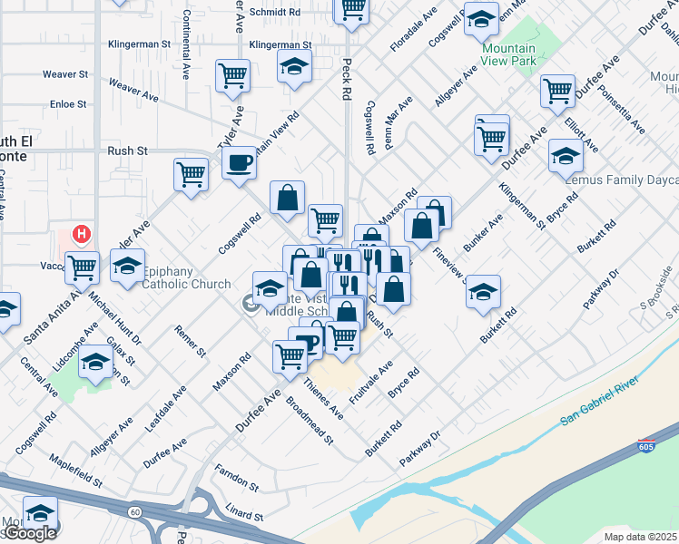 map of restaurants, bars, coffee shops, grocery stores, and more near 2027 Durfee Avenue in South El Monte