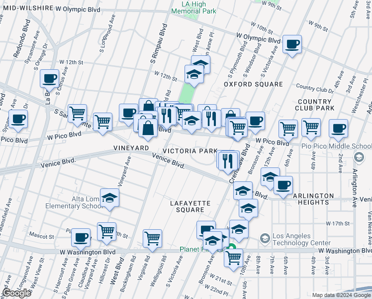 map of restaurants, bars, coffee shops, grocery stores, and more near 4447 Victoria Park Drive in Los Angeles