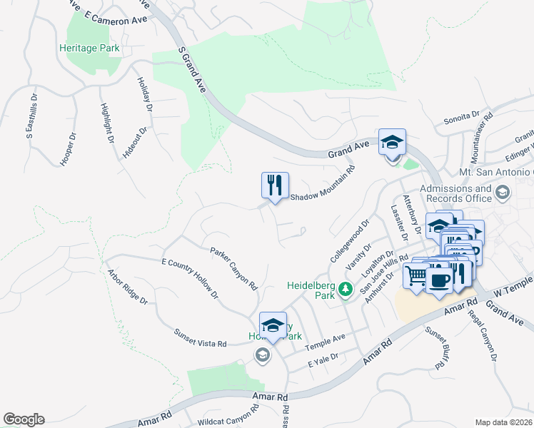map of restaurants, bars, coffee shops, grocery stores, and more near 1686 Kingspoint Drive in Walnut