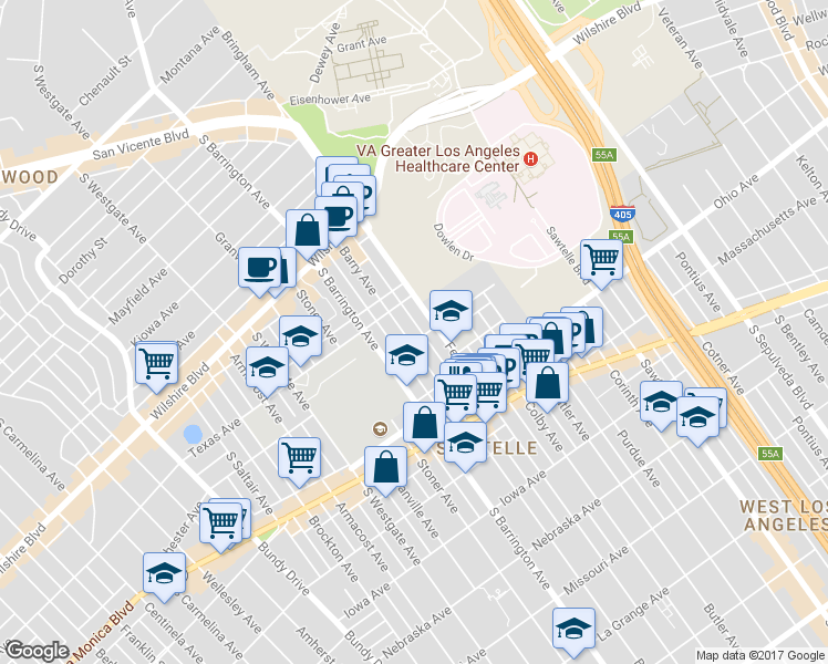 map of restaurants, bars, coffee shops, grocery stores, and more near 11600 Rochester Avenue in Los Angeles