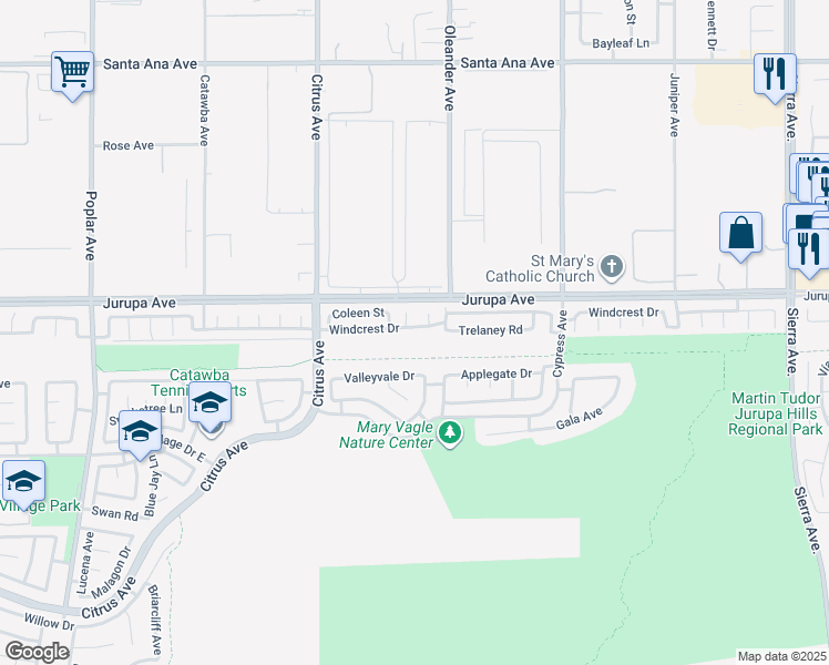 map of restaurants, bars, coffee shops, grocery stores, and more near 16251 Windcrest Drive in Fontana