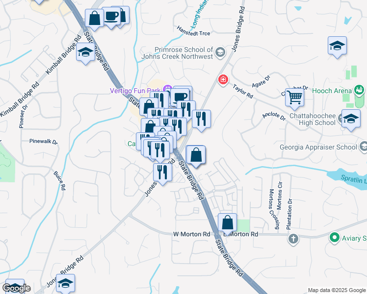 map of restaurants, bars, coffee shops, grocery stores, and more near 10913 Jones Bridge Road in Johns Creek