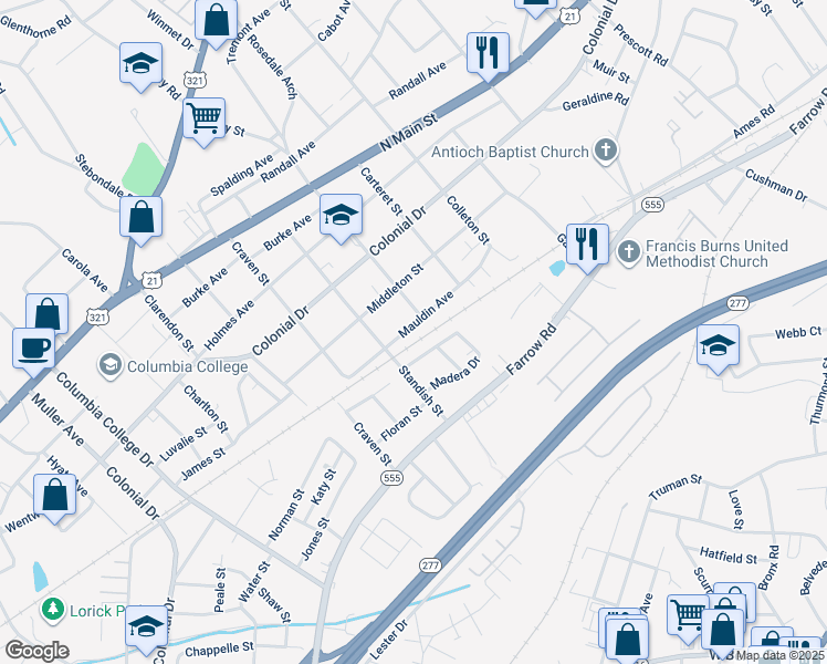 map of restaurants, bars, coffee shops, grocery stores, and more near 5222 Mauldin Avenue in Columbia