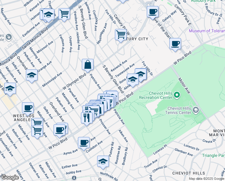 map of restaurants, bars, coffee shops, grocery stores, and more near 10424 Ilona Avenue in Los Angeles