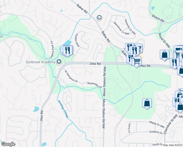 map of restaurants, bars, coffee shops, grocery stores, and more near 3999 Verbena Court in Kennesaw