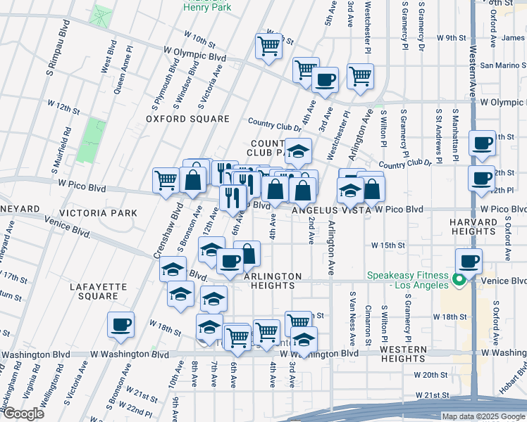 map of restaurants, bars, coffee shops, grocery stores, and more near 3714 West Pico Boulevard in Los Angeles
