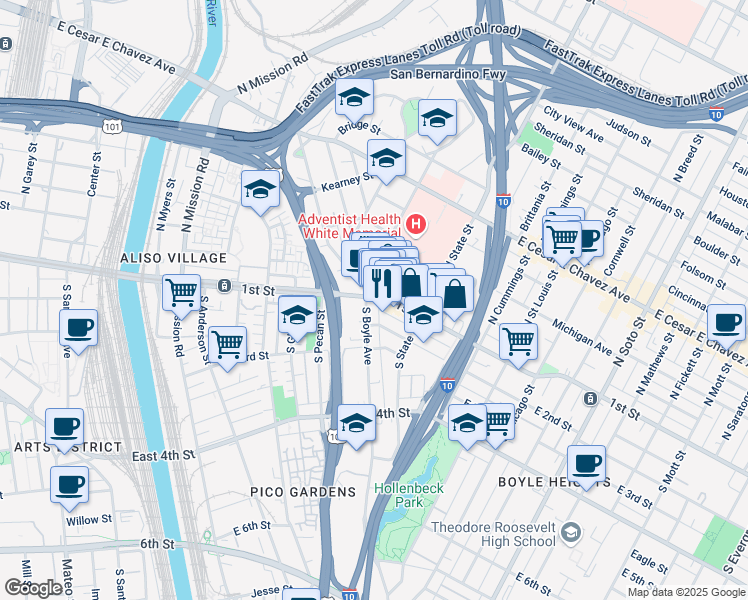 map of restaurants, bars, coffee shops, grocery stores, and more near 1800 East 1st Street in Los Angeles