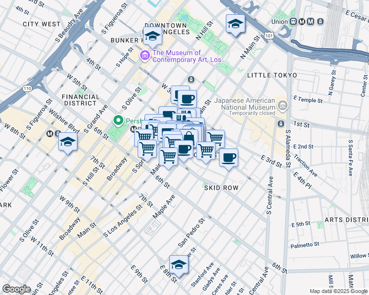 map of restaurants, bars, coffee shops, grocery stores, and more near 411 South Los Angeles Street in Los Angeles