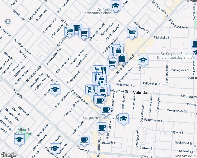 map of restaurants, bars, coffee shops, grocery stores, and more near 1425 North Hacienda Boulevard in La Puente