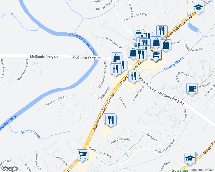 map of restaurants, bars, coffee shops, grocery stores, and more near 1211 Fieldcrest Court in Suwanee