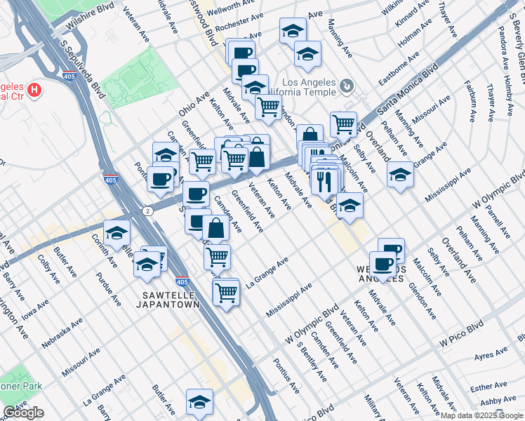 map of restaurants, bars, coffee shops, grocery stores, and more near 1861 Veteran Avenue in Los Angeles