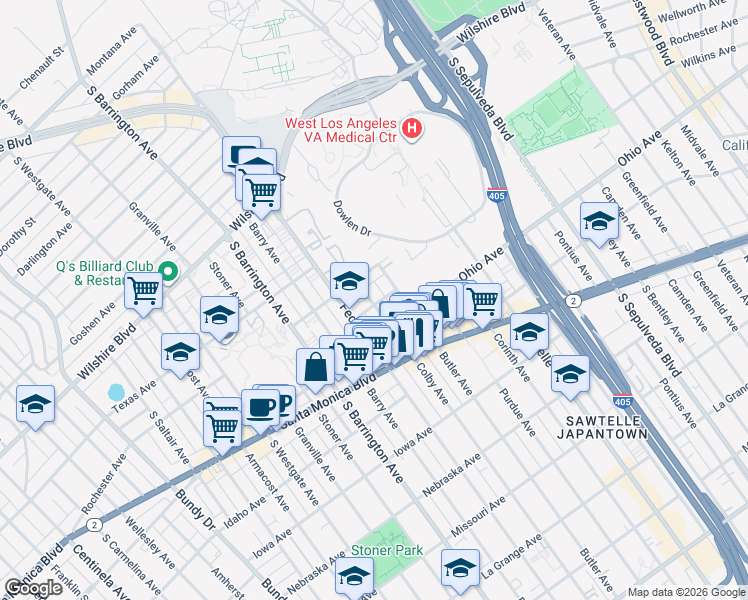 map of restaurants, bars, coffee shops, grocery stores, and more near 1415 Colby Avenue in Los Angeles