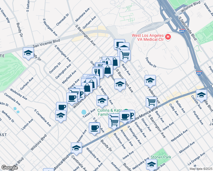 map of restaurants, bars, coffee shops, grocery stores, and more near 1227 Granville Avenue in Los Angeles