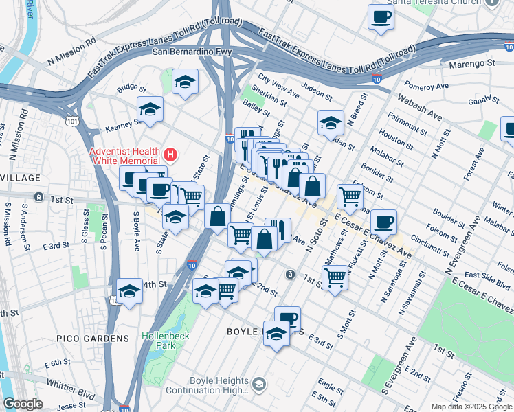 map of restaurants, bars, coffee shops, grocery stores, and more near 312 North Saint Louis Street in Los Angeles