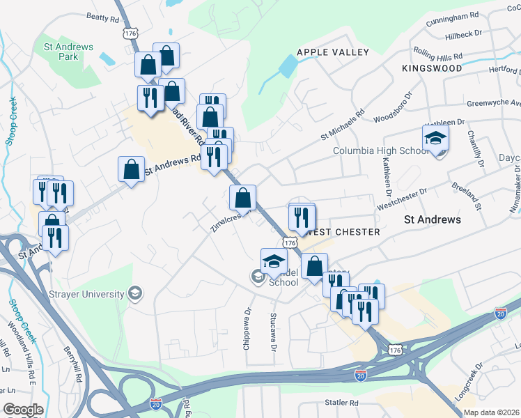 map of restaurants, bars, coffee shops, grocery stores, and more near Broad River Road in Columbia