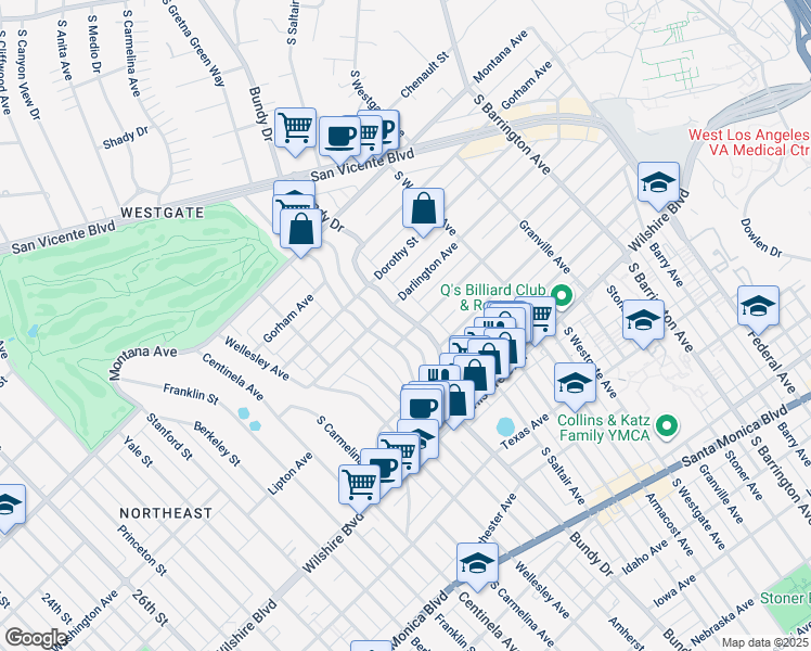 map of restaurants, bars, coffee shops, grocery stores, and more near 975 North Bundy Drive in Los Angeles