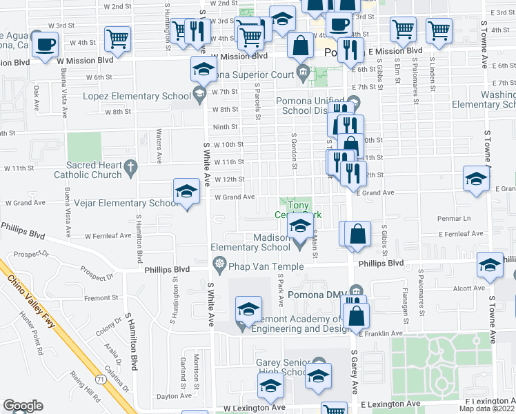 map of restaurants, bars, coffee shops, grocery stores, and more near 606 West Grand Avenue in Pomona