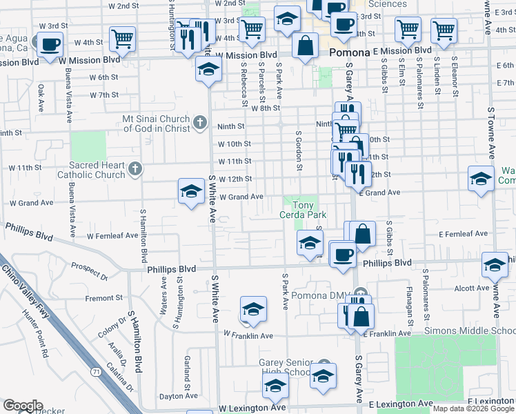 map of restaurants, bars, coffee shops, grocery stores, and more near 642 West Grand Avenue in Pomona