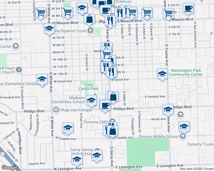 map of restaurants, bars, coffee shops, grocery stores, and more near 1325 South Garey Avenue in Pomona