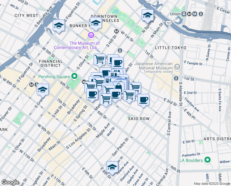 map of restaurants, bars, coffee shops, grocery stores, and more near 117 Winston Street in Los Angeles